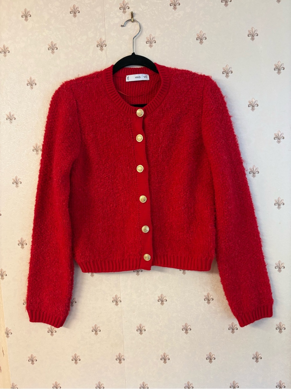 Mango Red Fuzzy Button-Front Cardigan with Gold Buttons